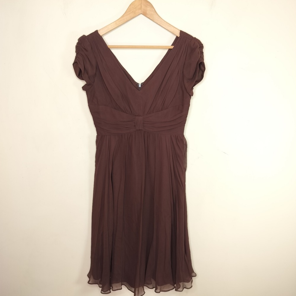 Suzi Chin Silk Chiffon Dress Cap Sleeve Flowy Gathered Bow Front
